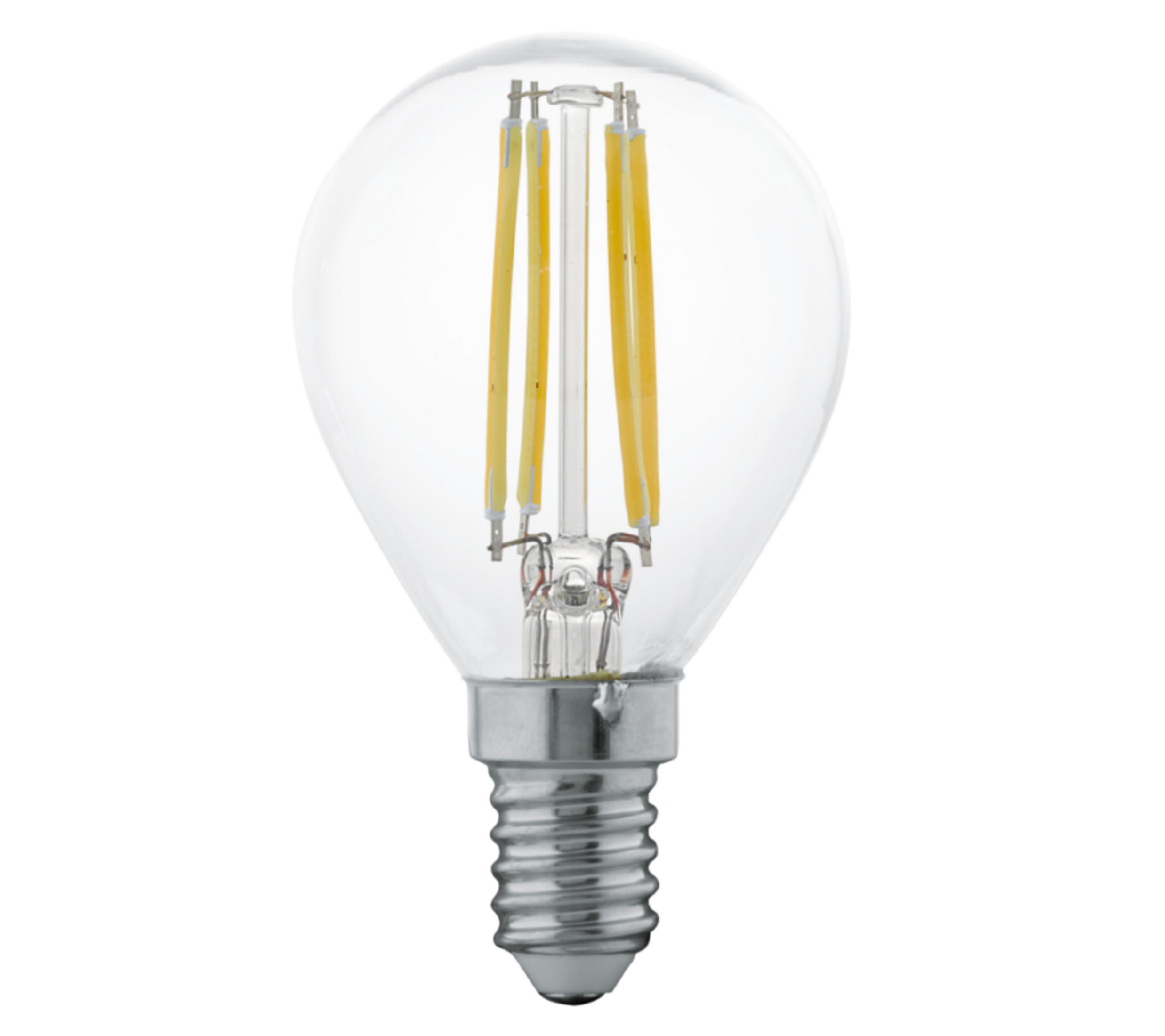 Une ampoule LED transparente avec une base argentée et quatre filaments jaunes.