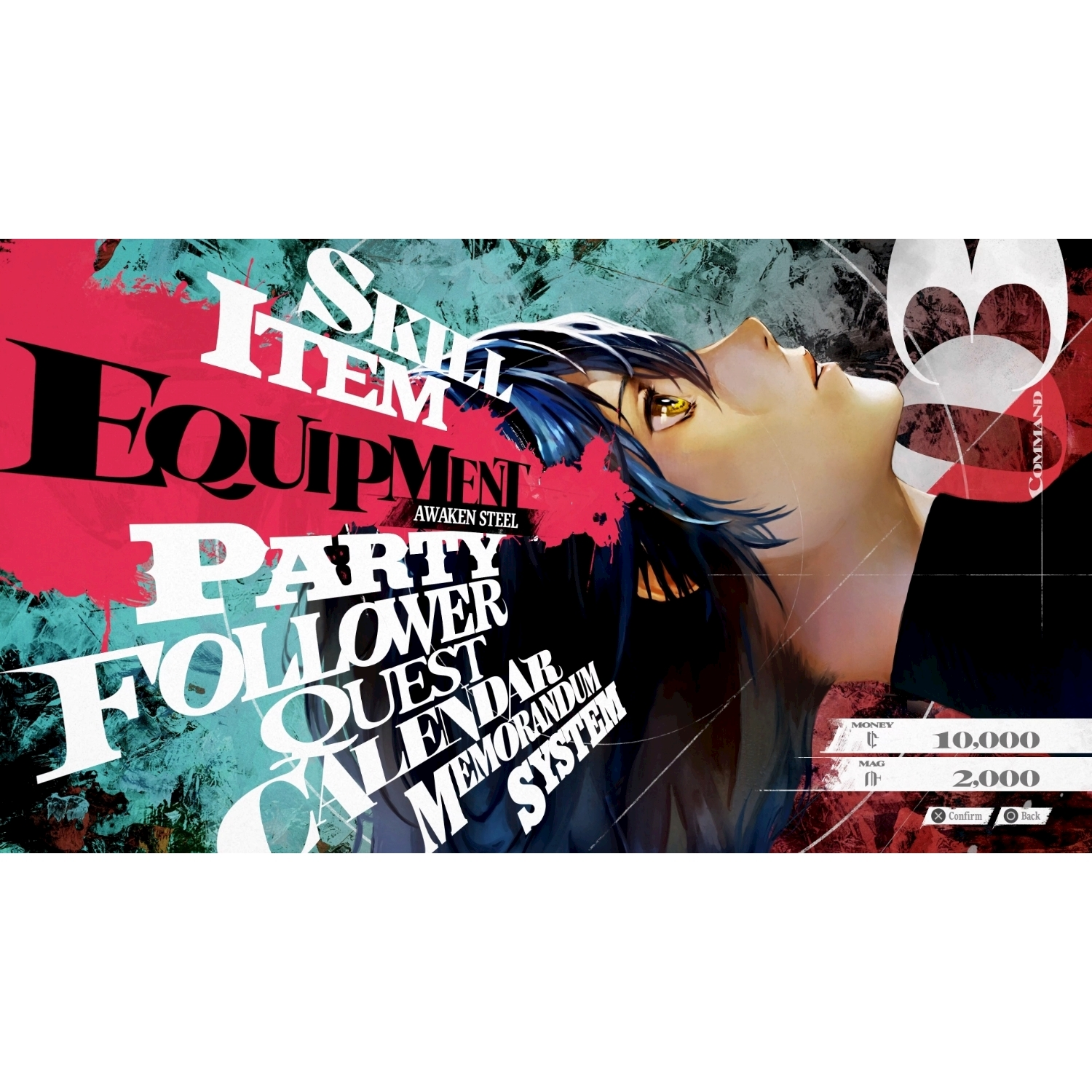 Personaggio anime con capelli blu guarda in alto. Testo: SKILL, ITEM, EQUIPMENT, PARTY, FOLLOWER, CALENDAR, SYSTEM.