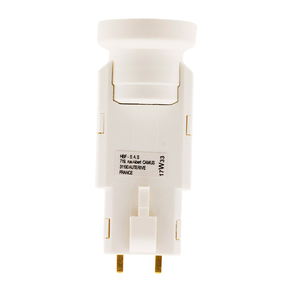 Un adattatore per lampada bianco con contatti e dettagli del produttore.