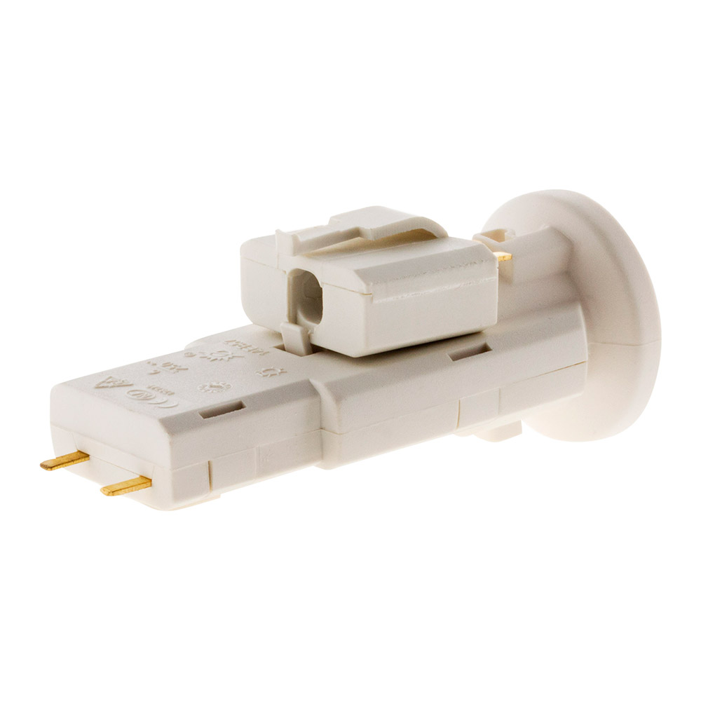 Una spina elettrica bianca con due pin dorati e una base rotonda.