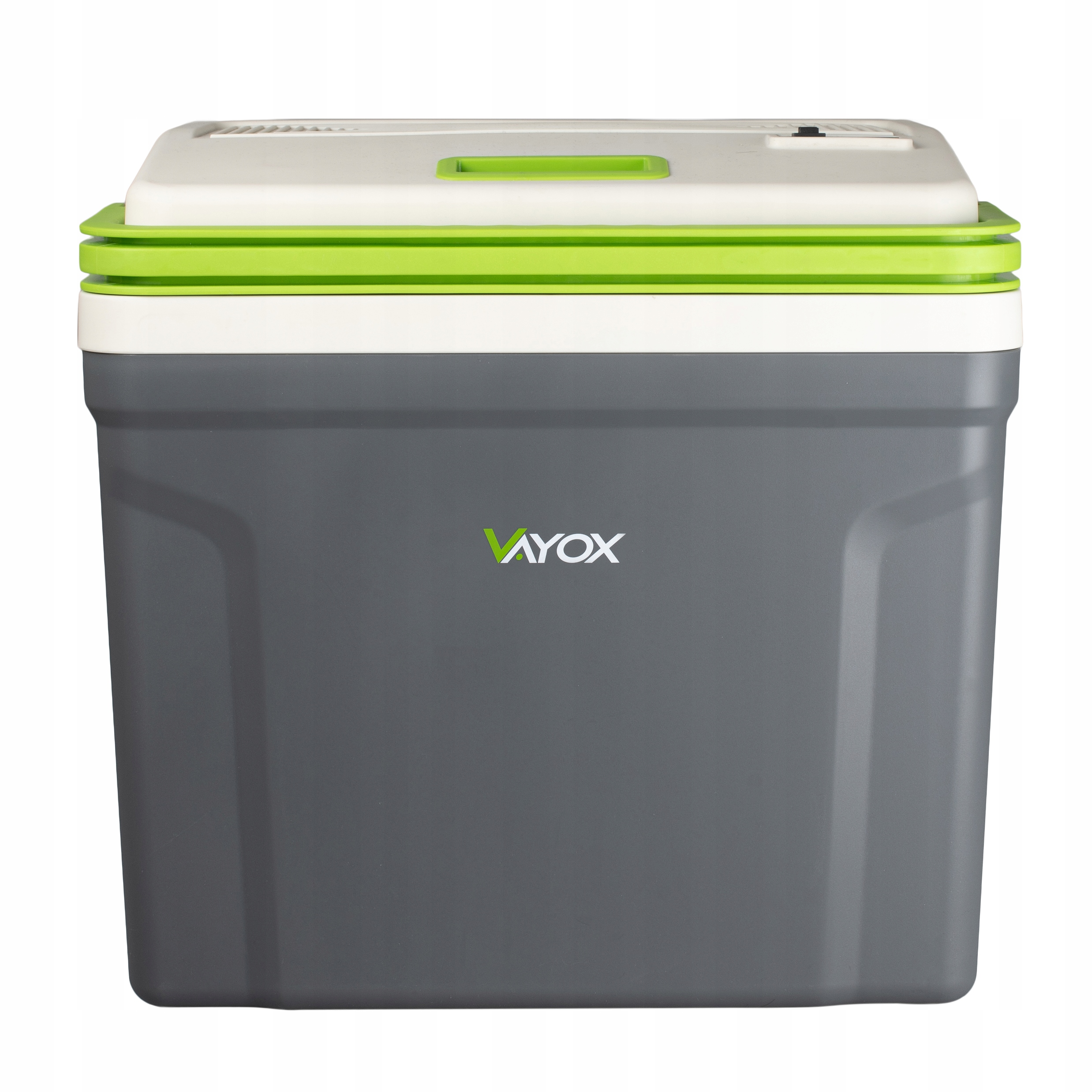 Szara lodówka turystyczna z białym wieczkiem i zielonym uchwytem. Logo VAYOX.