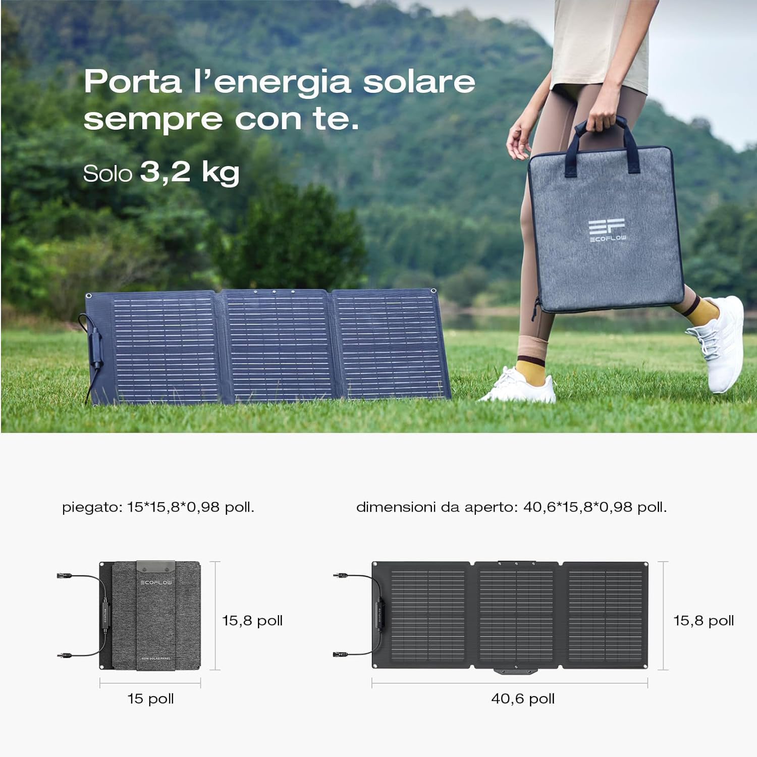 A portable solar panel is shown on a lawn, next to a person holding a bag.