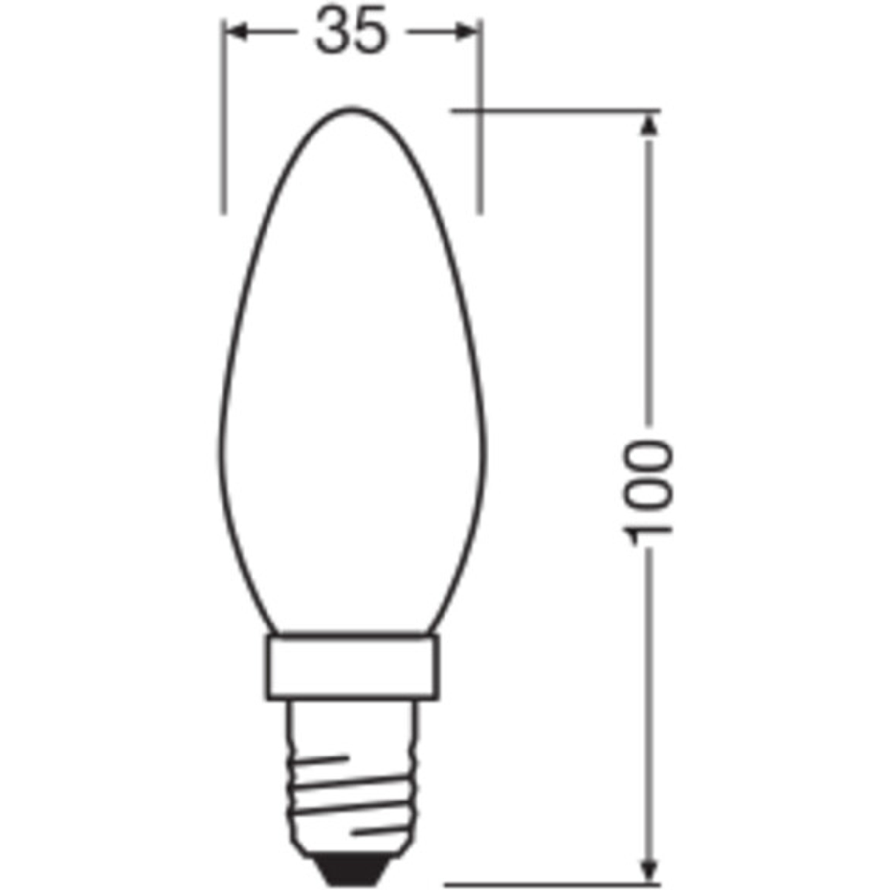 Disegno tecnico di lampadina a candela con dimensioni 35mm larghezza e 100mm lunghezza.