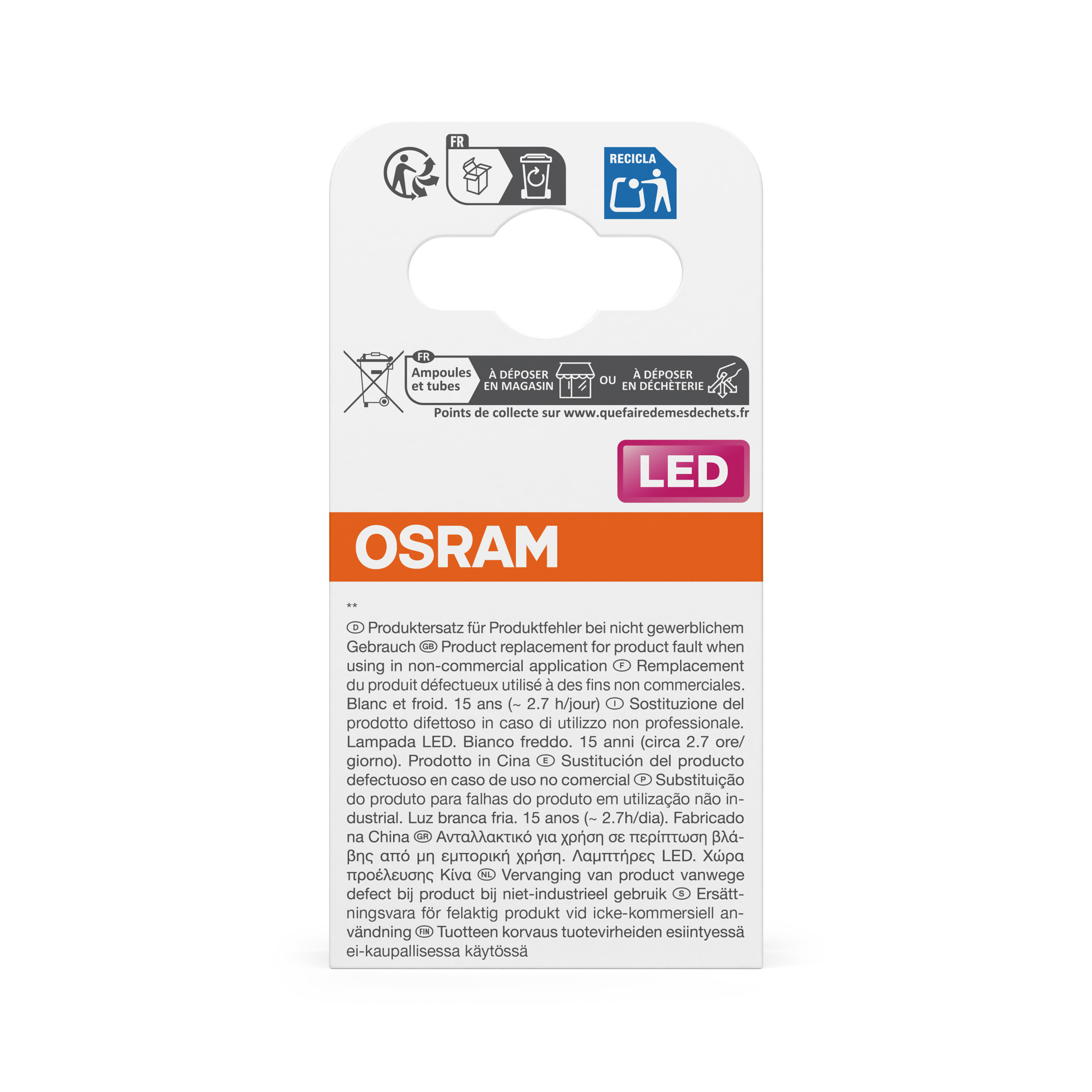 Confezione OSRAM LED con simboli di riciclo e descrizione prodotto multilingue.