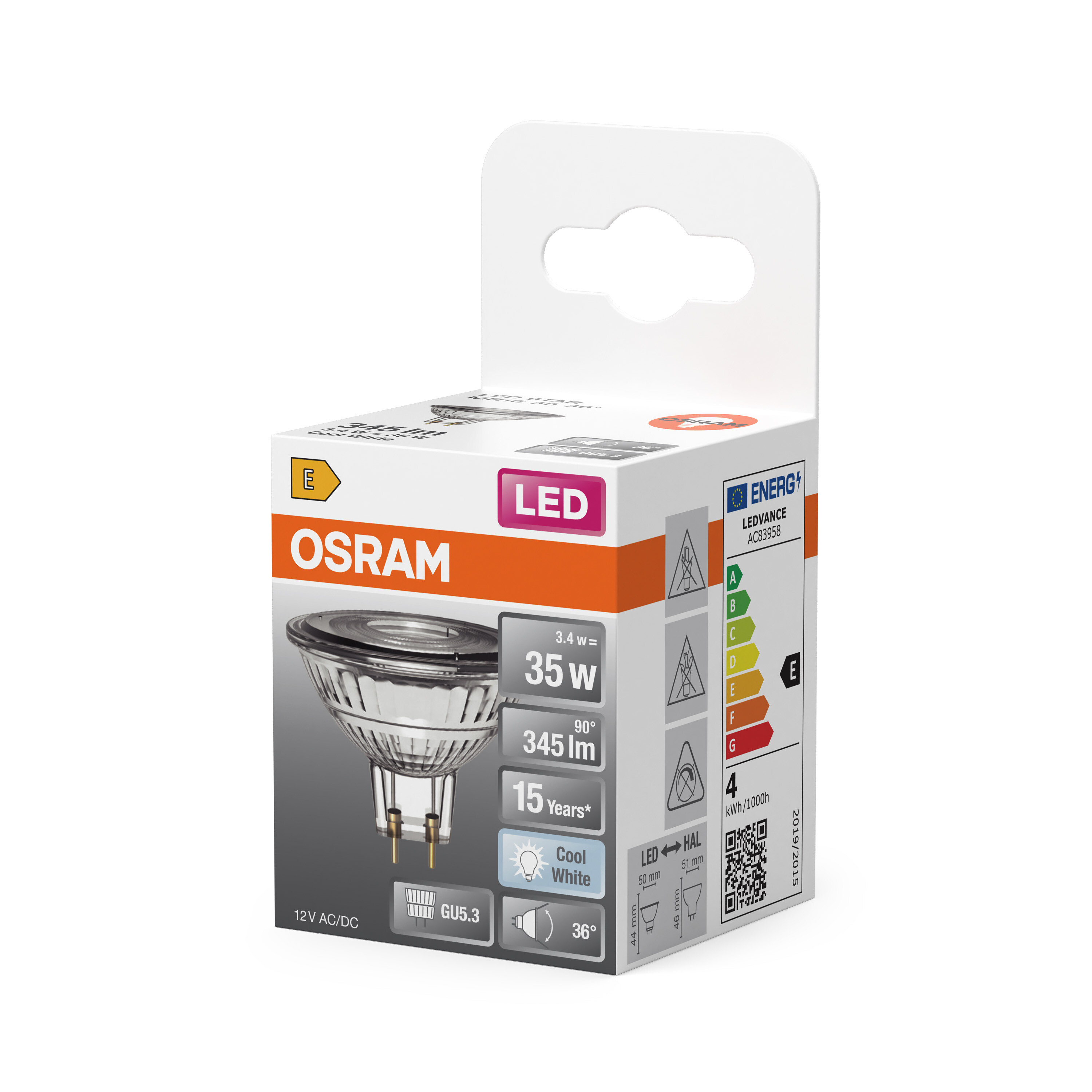 Lampadina LED OSRAM base GU5.3, 35W, 345lm, angolo fascio 36°, efficienza energetica E.