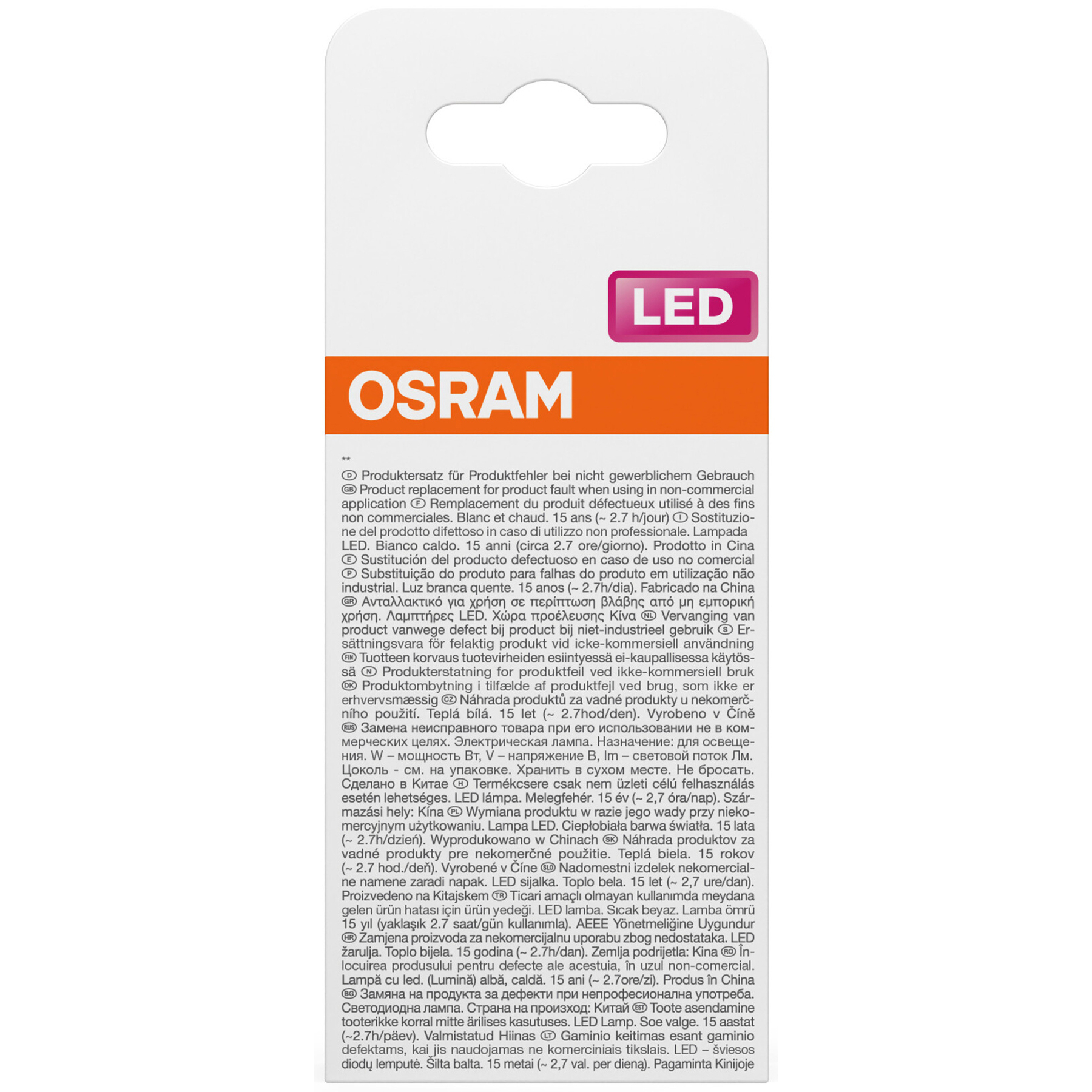 Confezione OSRAM LED con testo multilingue e un gancio.