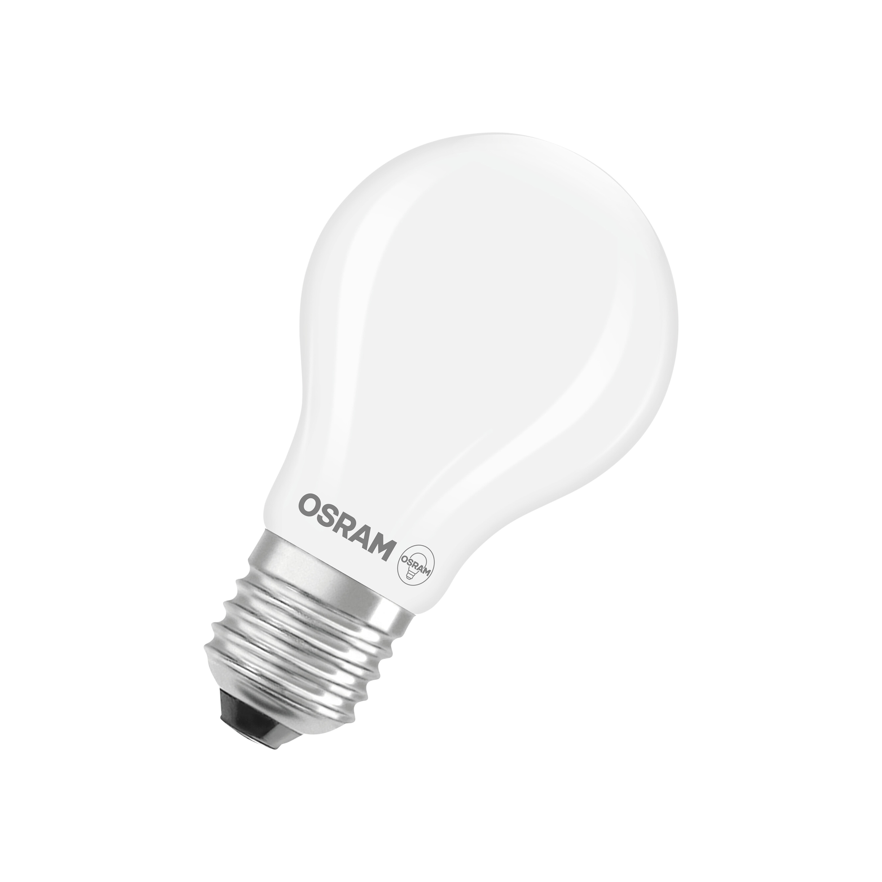 Una lampadina Osram bianca con base metallica su sfondo bianco.
