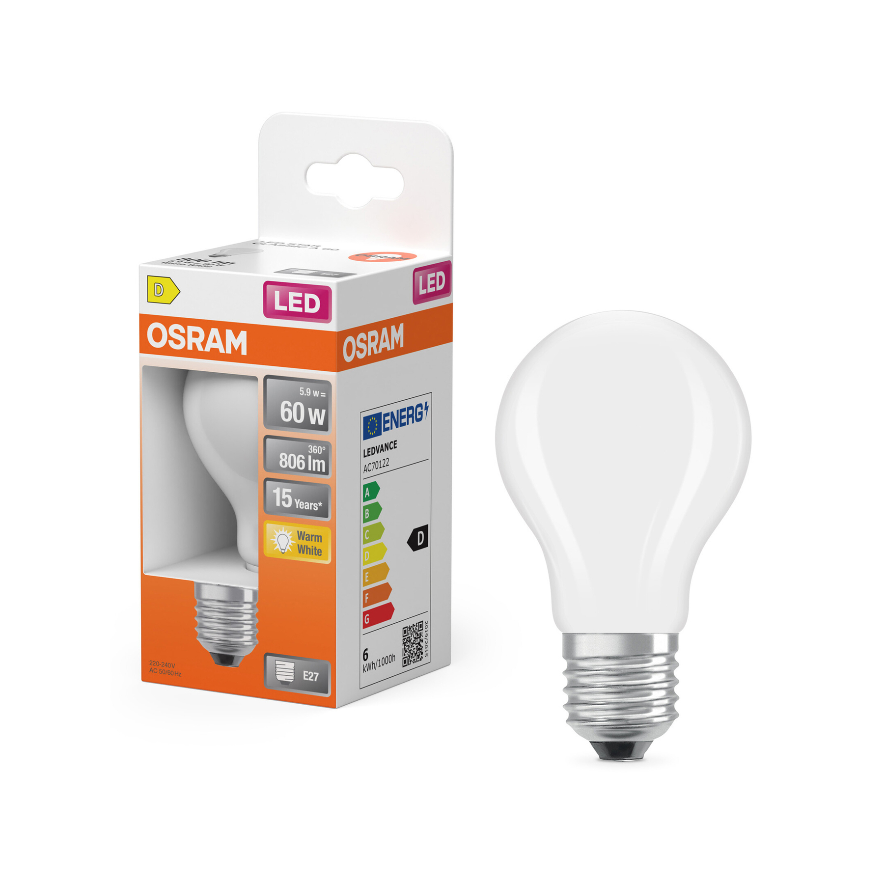 Lampadina LED Osram in confezione con etichetta energetica e lampadina separata.