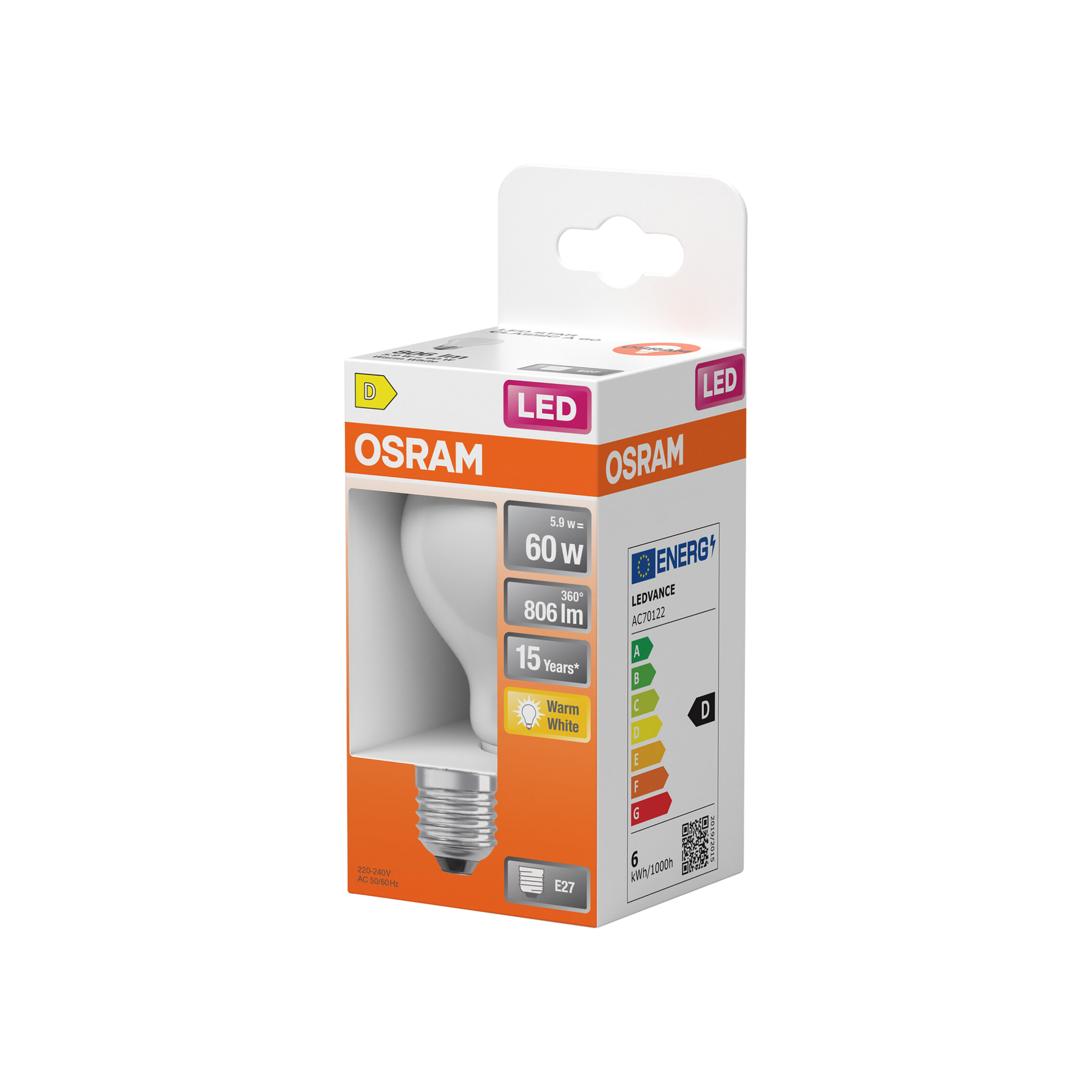 Lampadina LED OSRAM in scatola con classe energetica D.