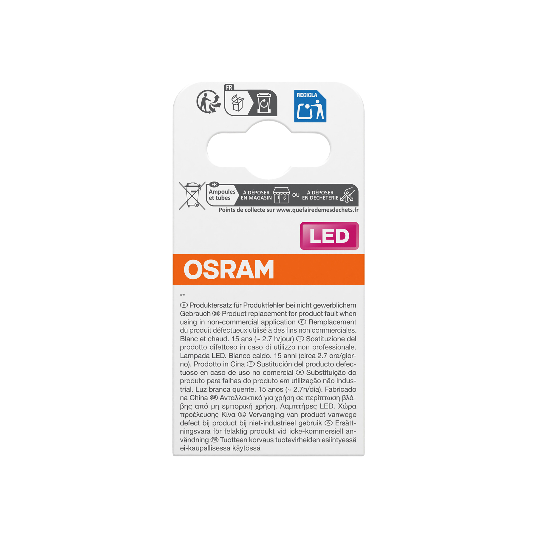 Confezione Osram LED con simboli di riciclaggio e smaltimento.