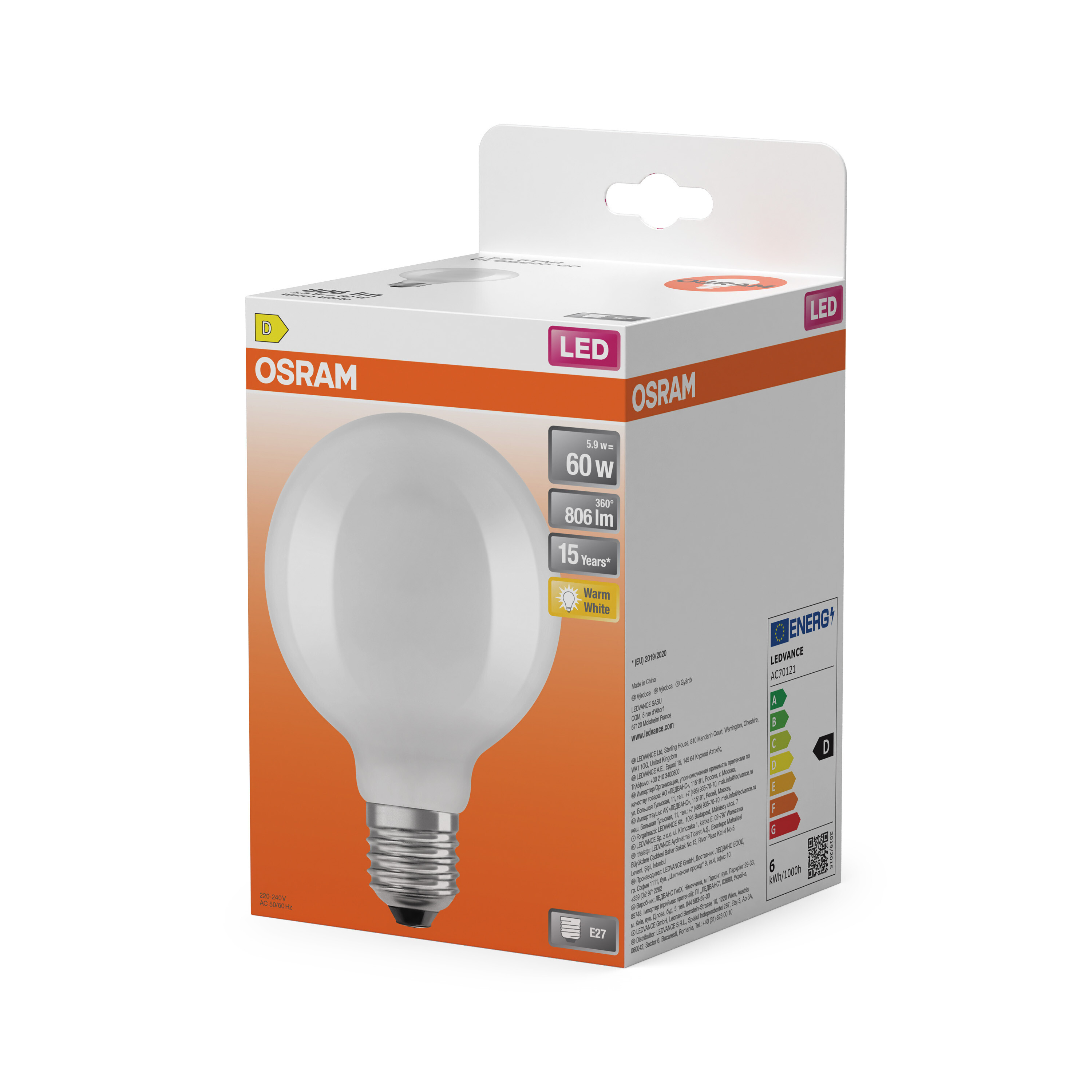 Lampadina LED OSRAM, 5,9W, sostituisce 60W, 806lm, 15 anni, bianco caldo.