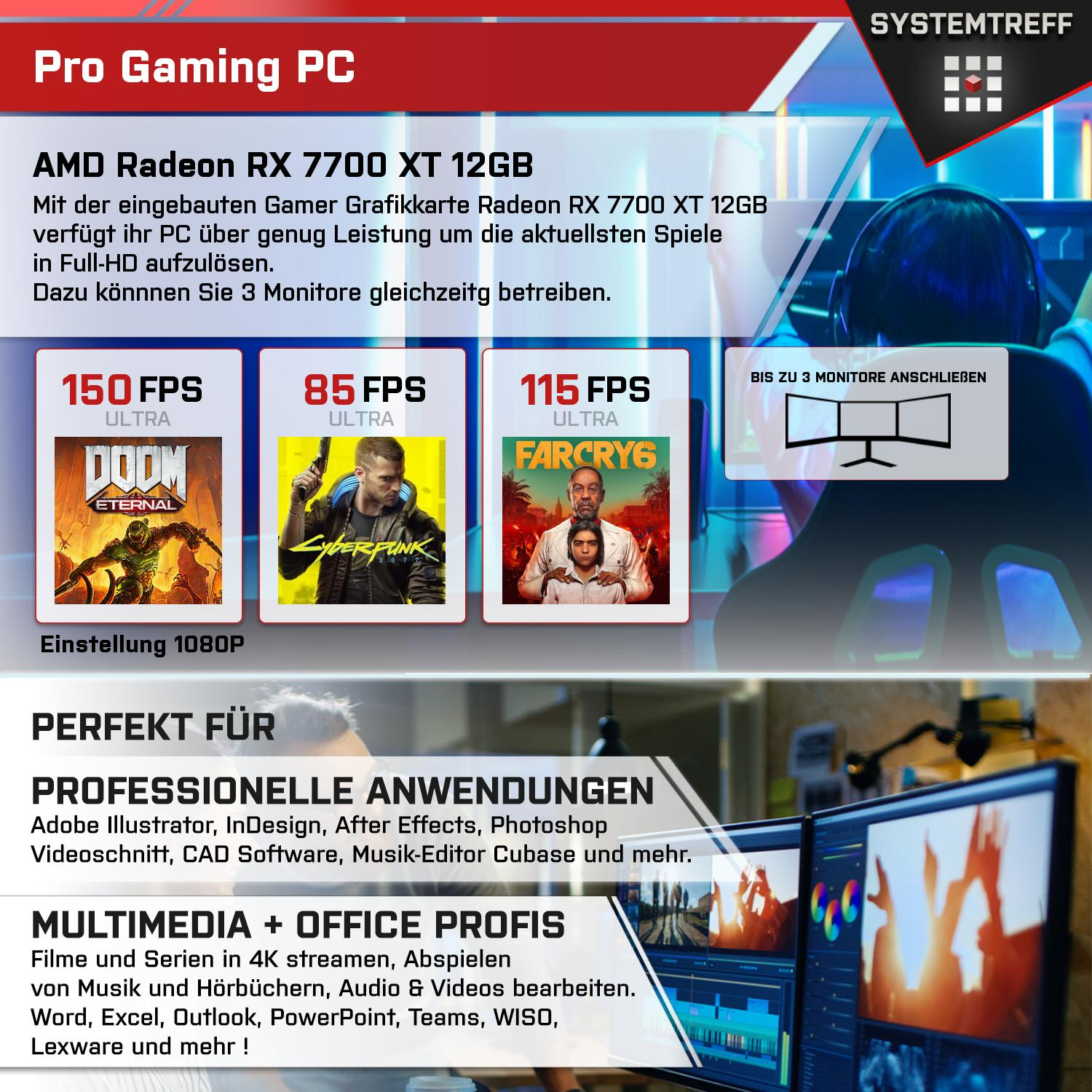 Pro Gaming PC mit AMD Radeon RX 7700 XT 12GB. Ideal für Spiele & Anwendungen.