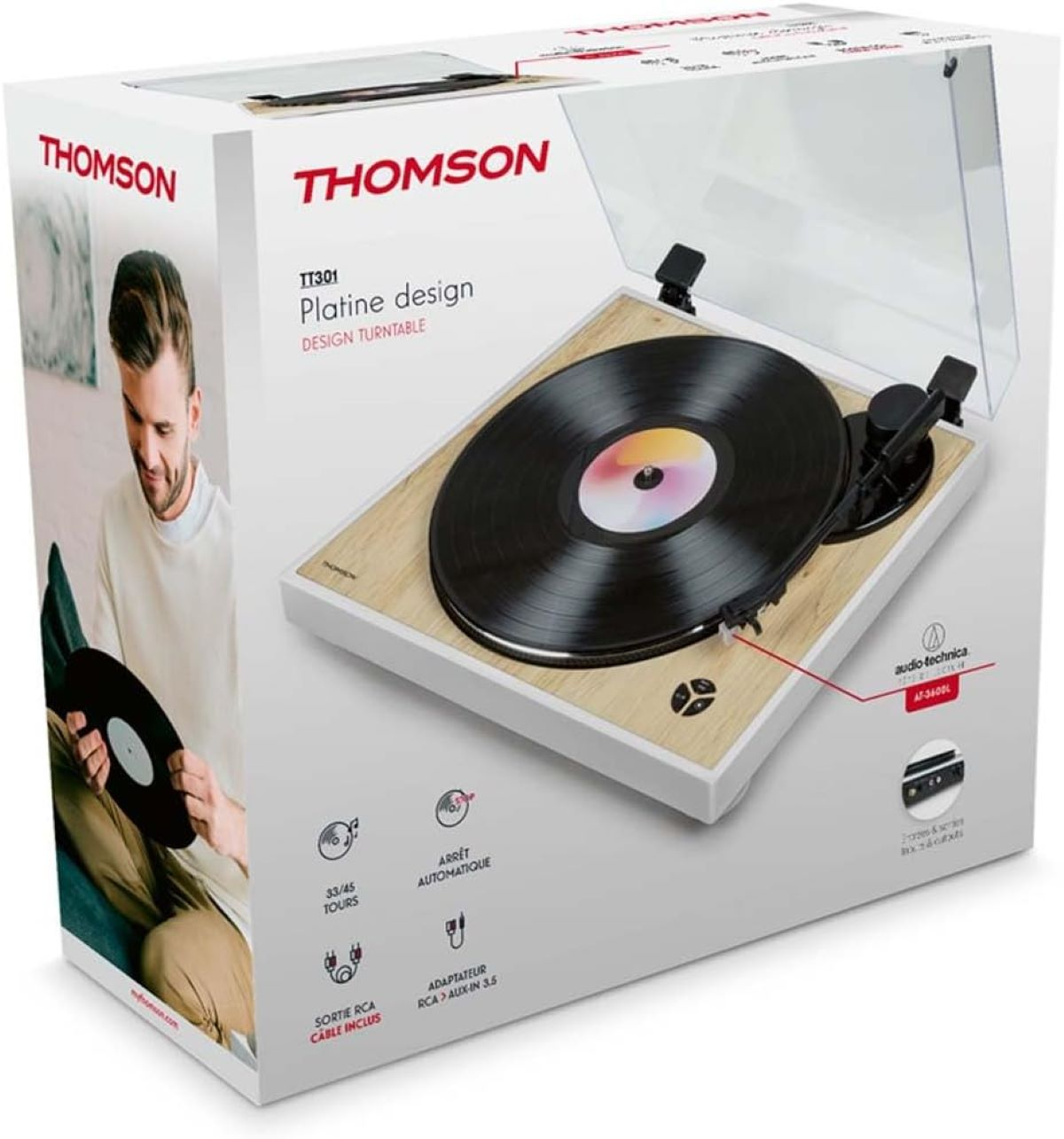 Tocadiscos Thomson con disco de vinilo, diseño de madera, tapa transparente.