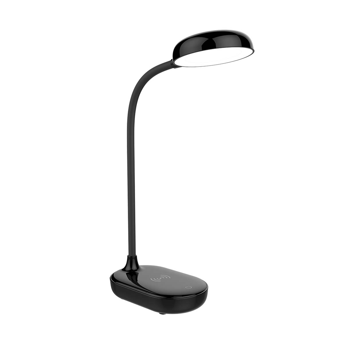 Una lámpara de escritorio negra y moderna con brazo flexible y base de carga inalámbrica.