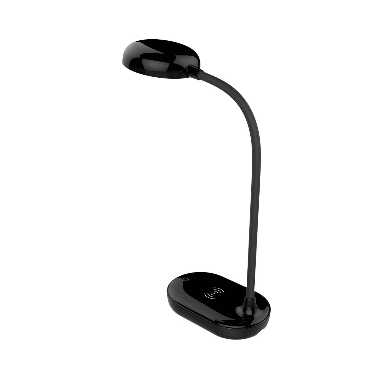 Una lámpara de escritorio moderna negra con brazo flexible y base de carga inalámbrica.