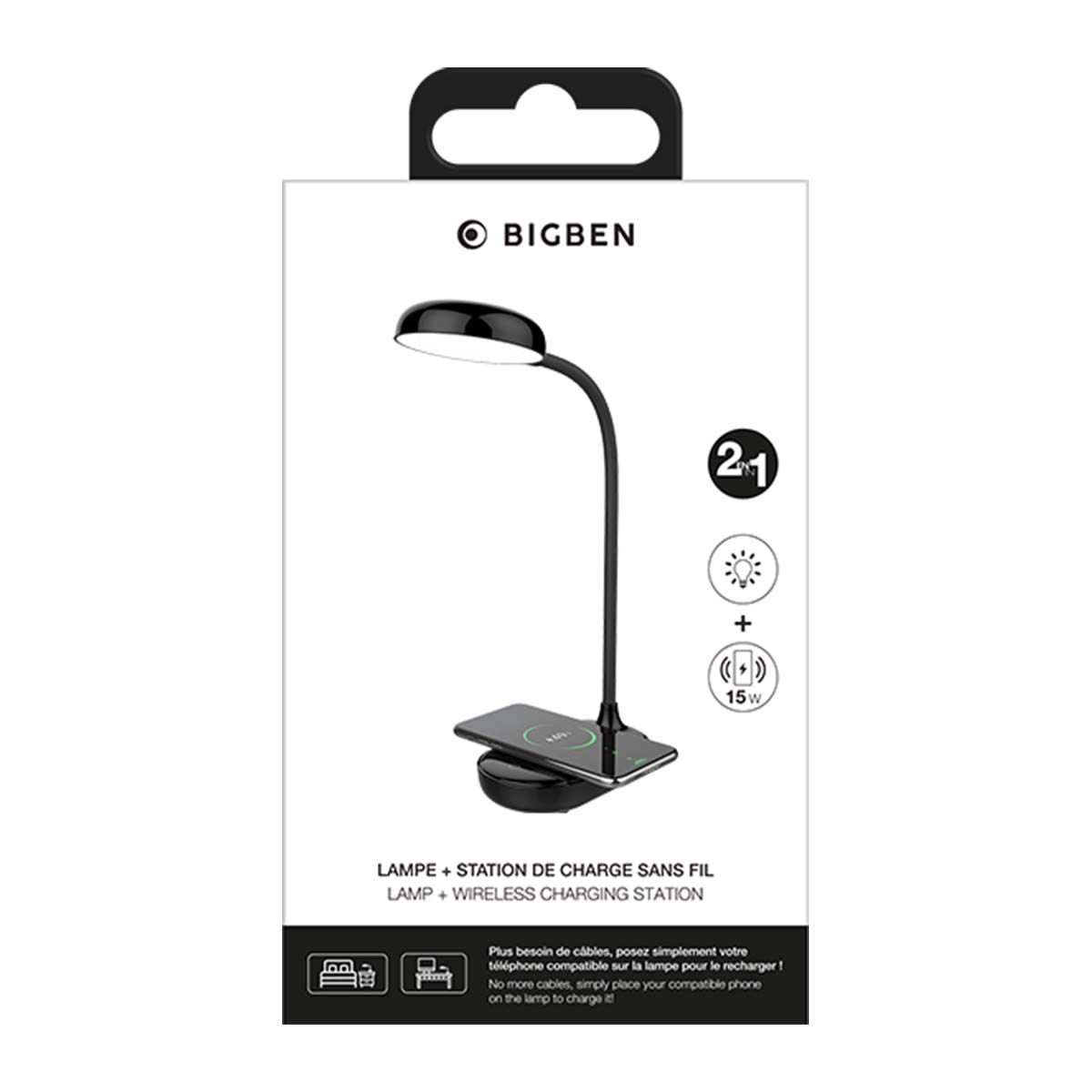 Lámpara BIGBEN con estación de carga inalámbrica de 15W.