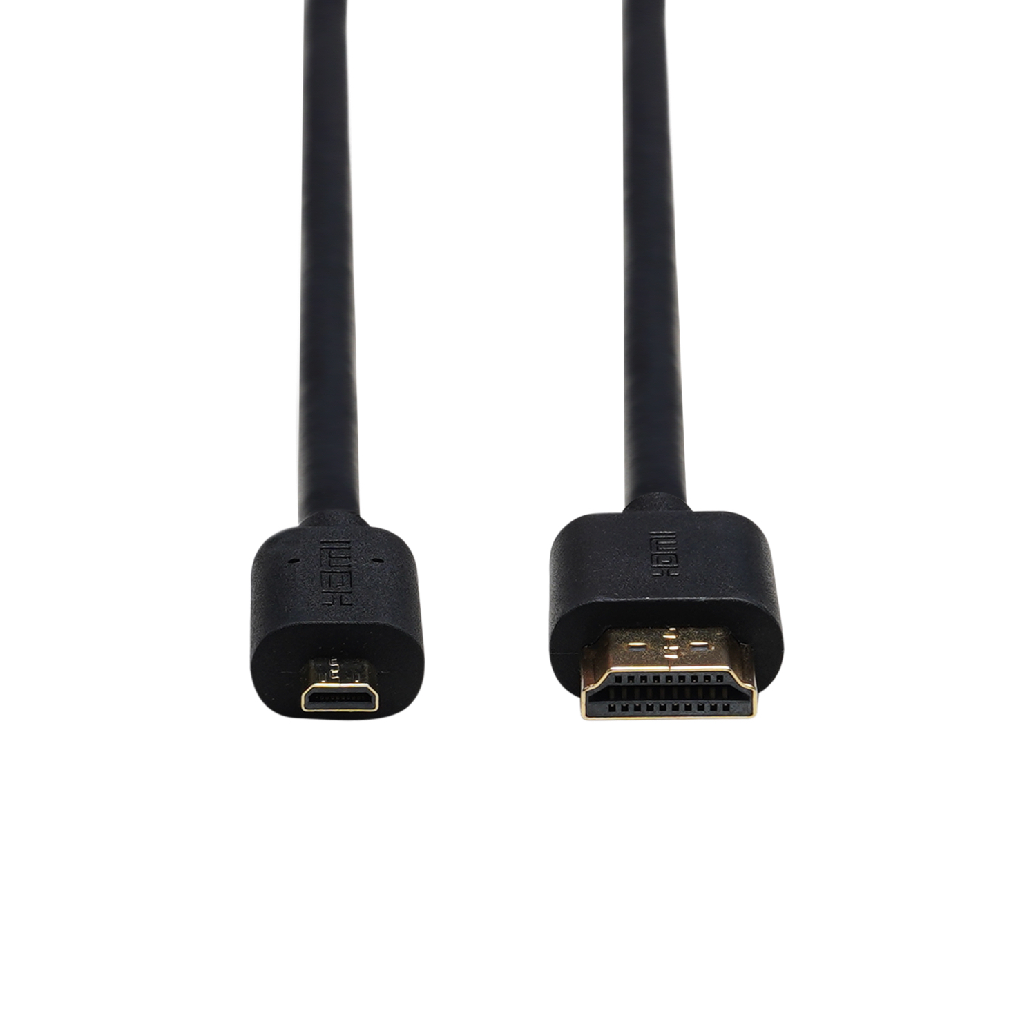 Deux connecteurs de câble HDMI noirs, petit et grand, sur fond blanc.