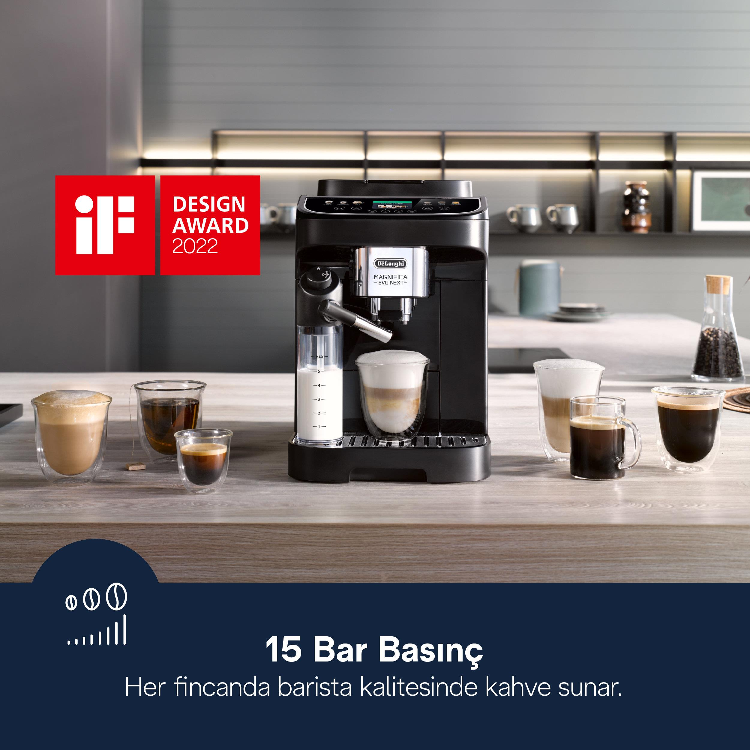 Czarna maszyna do kawy DeLonghi z napojami kawowymi i nagrodami.