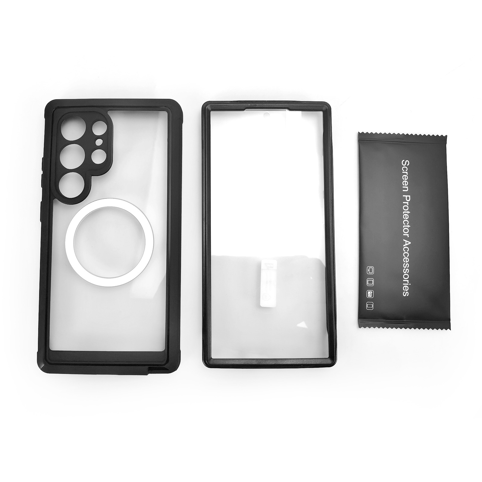 Schwarze Handyhülle, ein Rahmen und eine Schutzfolienverpackung.