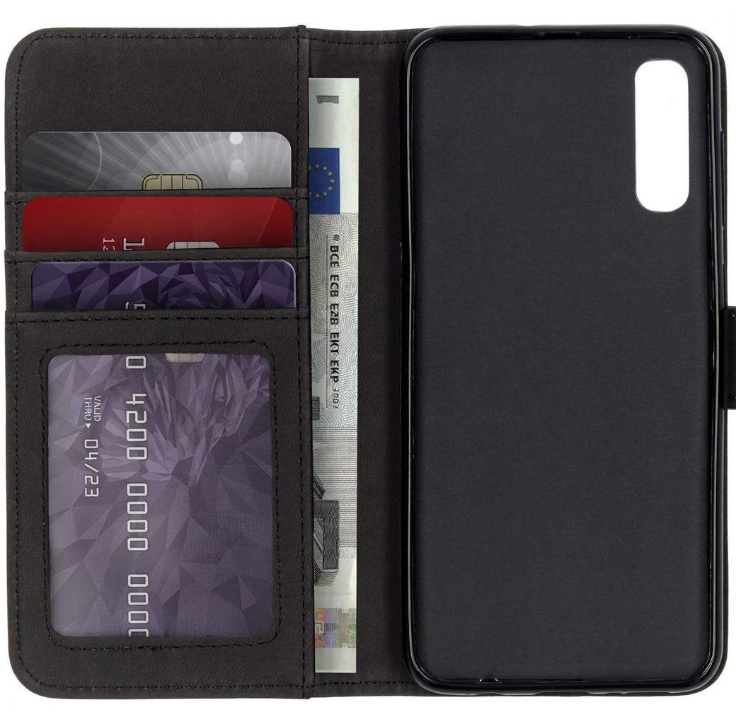 Portefeuille noir avec cartes et billet. Coque de téléphone à l'arrière.