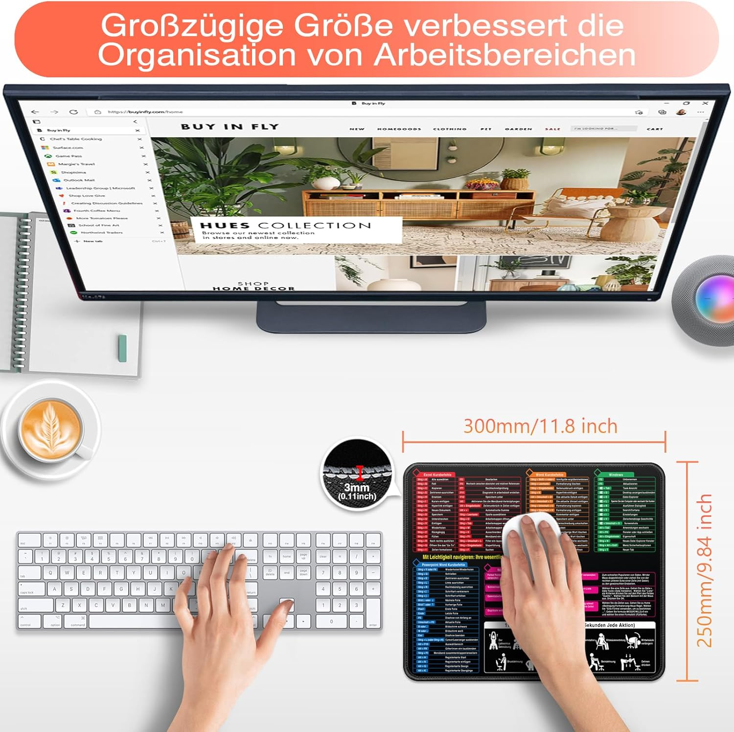 Zestaw biurkowy z dwoma klawiaturami, myszą, podkładką pod mysz ze skrótami i monitorem.
