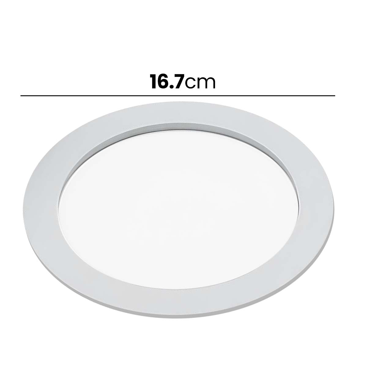 Un marco redondo blanco con una medida de 16,7 cm.