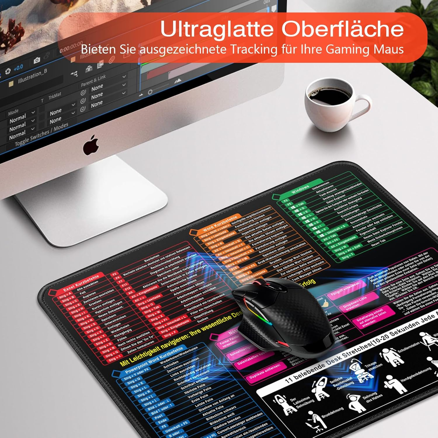 Podkładka na biurko ze skrótami klawiszowymi i myszką gamingową.