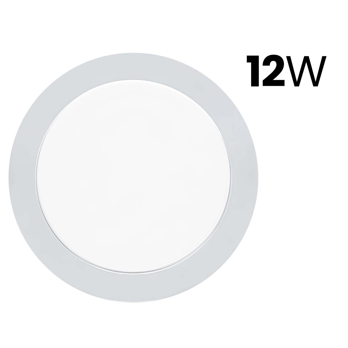 Una luz de techo redonda blanca con borde plateado y el texto 12W.