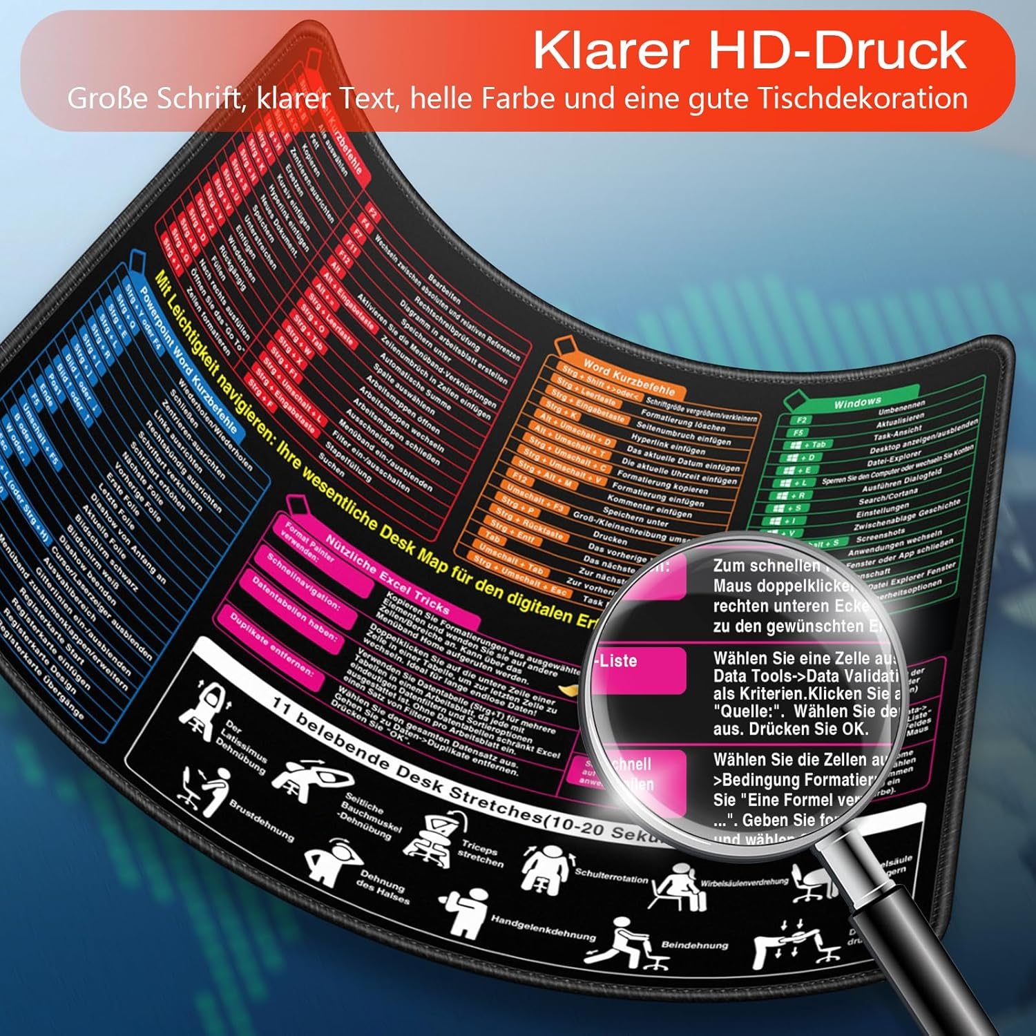 Podkładka pod mysz wyświetlająca skróty klawiszowe do programu Word, Excel i Windows.