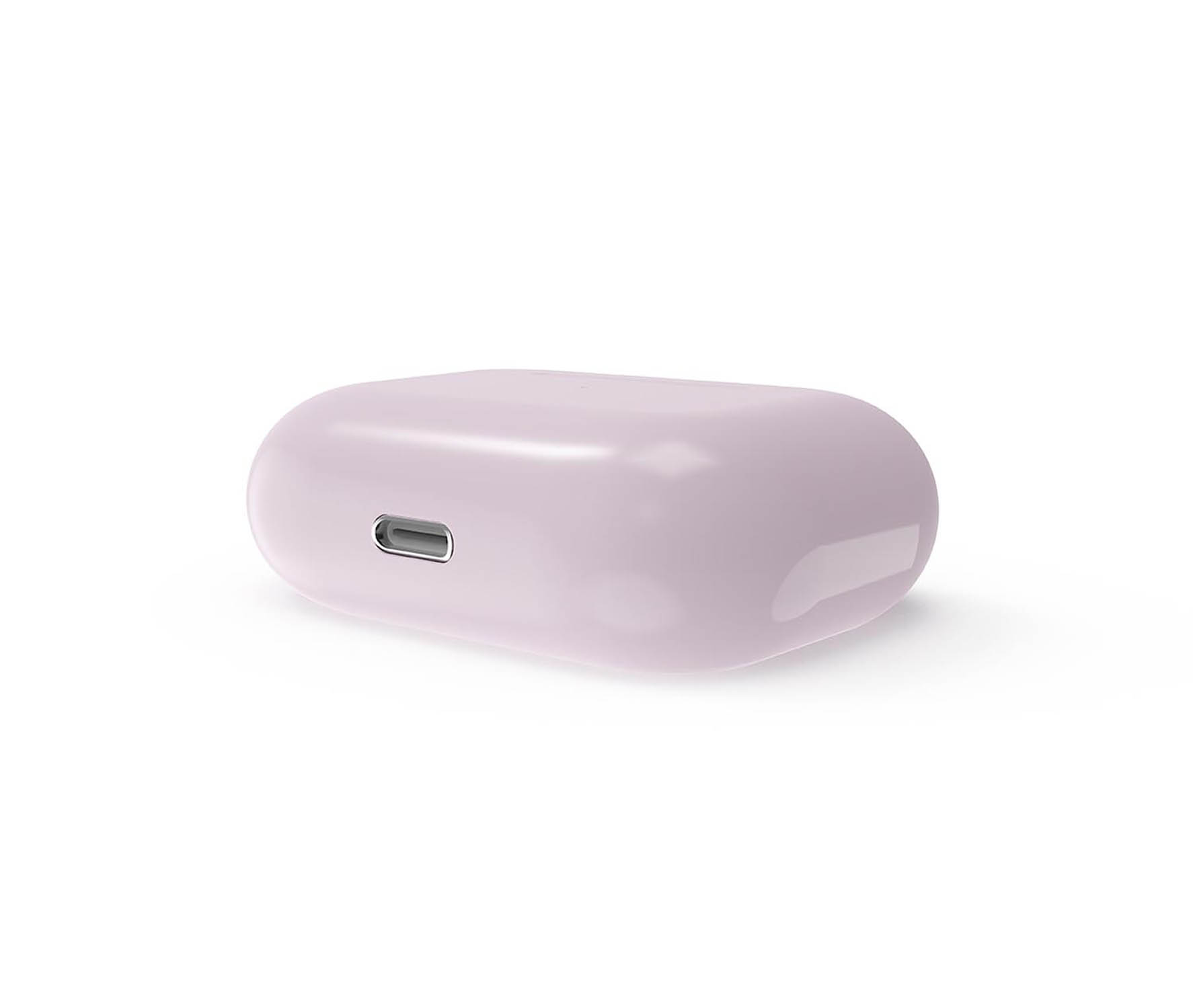 Eine hellviolette Hülle mit Ladeanschluss auf weißem Hintergrund.