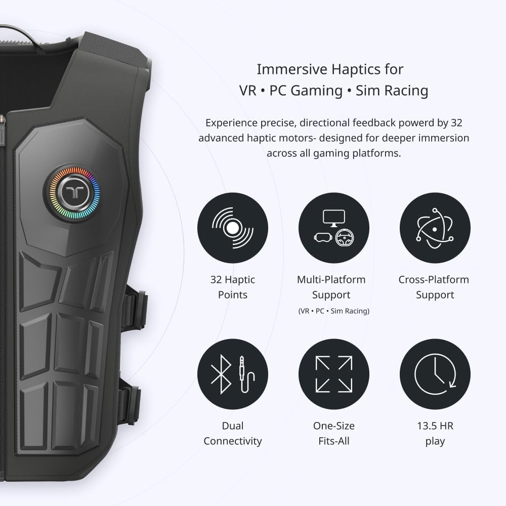 Chaleco háptico negro con luces y iconos coloridos para juegos VR.