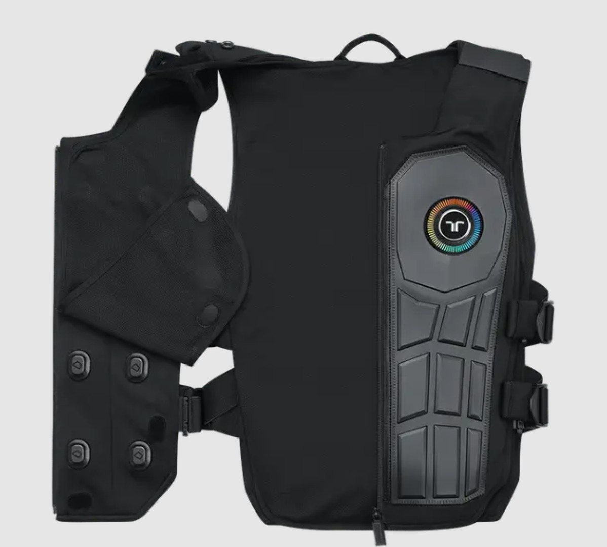 Chaleco negro con acolchado protector y logo de arcoíris.