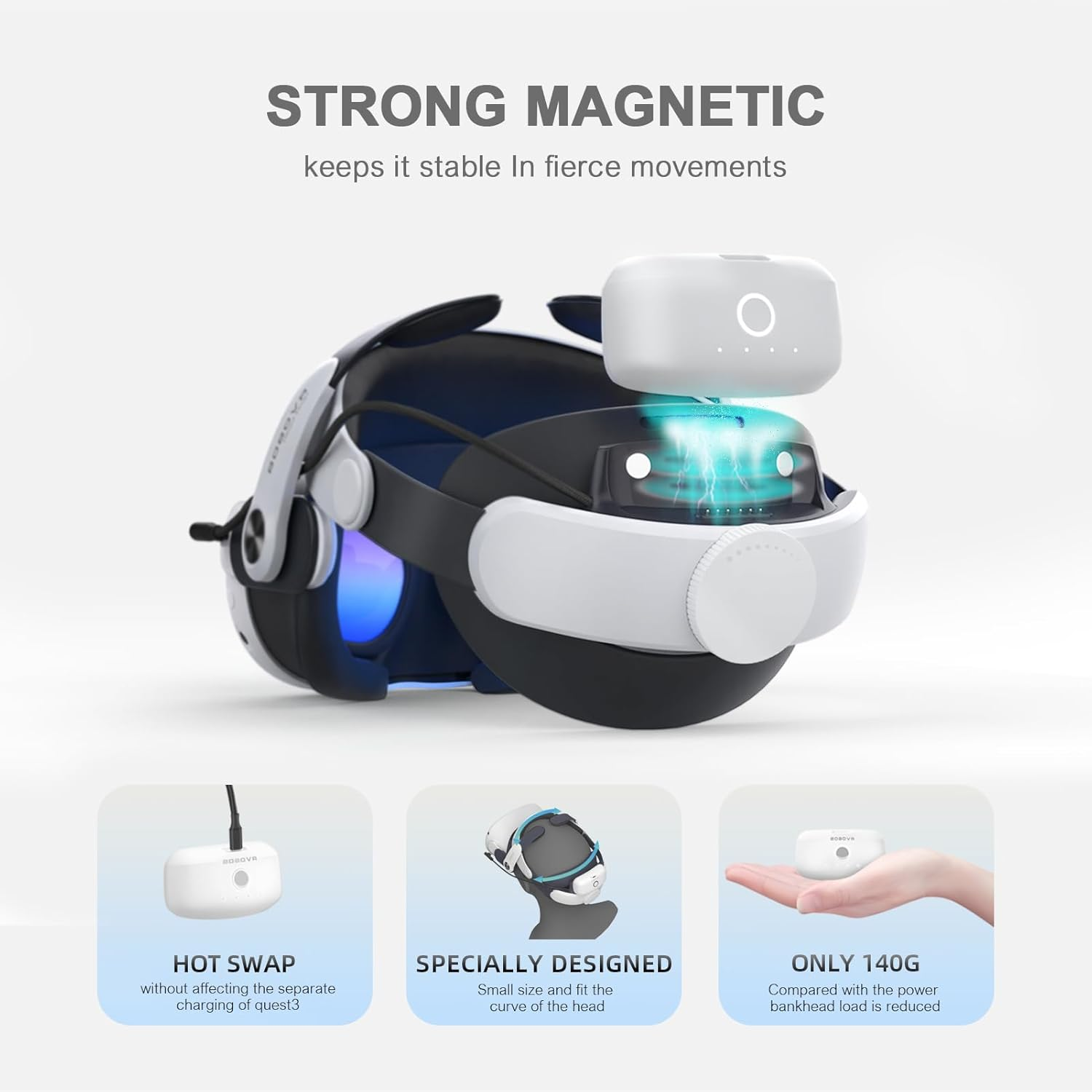 Casco VR con batería magnética para uso estable durante el movimiento.