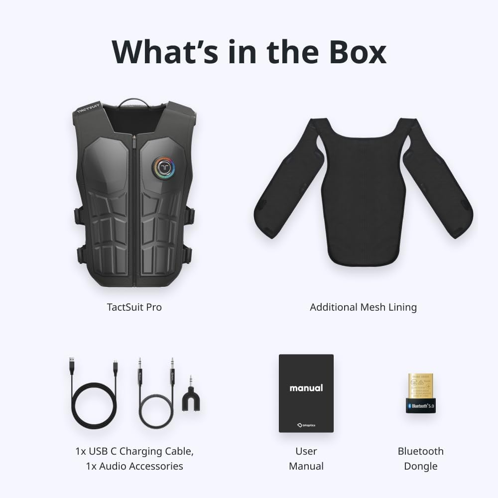 Contenido de la caja: chaleco TactSuit Pro, forro de malla, cable USB-C, accesorios de audio, manual, dongle Bluetooth.