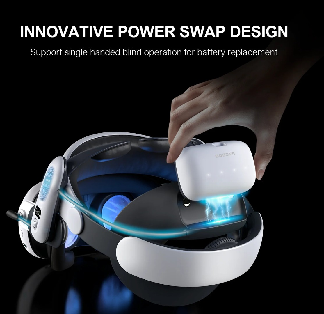 Una mano sostituisce una batteria bianca su un visore VR.