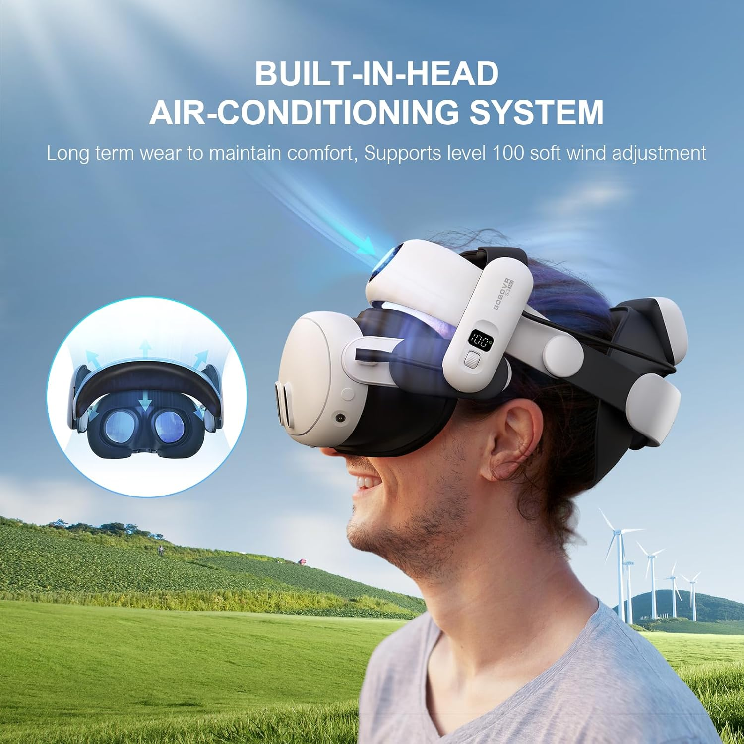 Uomo con visore VR con sistema di raffreddamento integrato, paesaggio esterno con turbine.