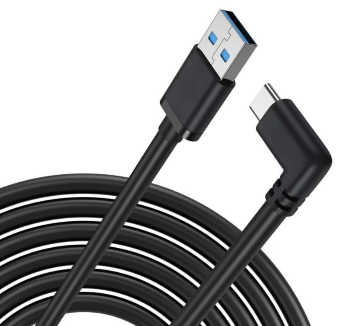 Un cable USB negro con conectores en ángulo recto, enrollado.
