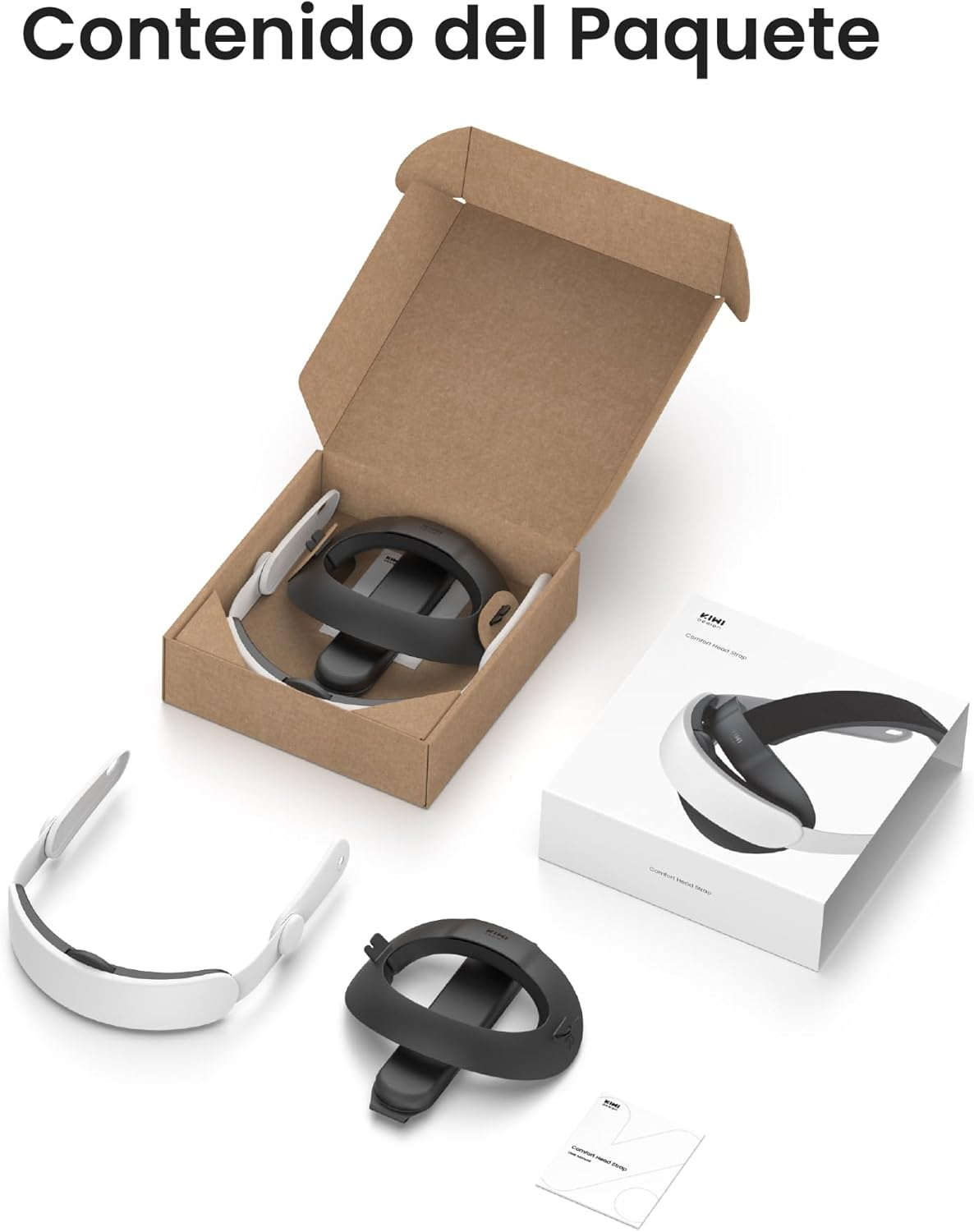 Accesorios para casco VR: diadema blanca y negra, caja y manual.
