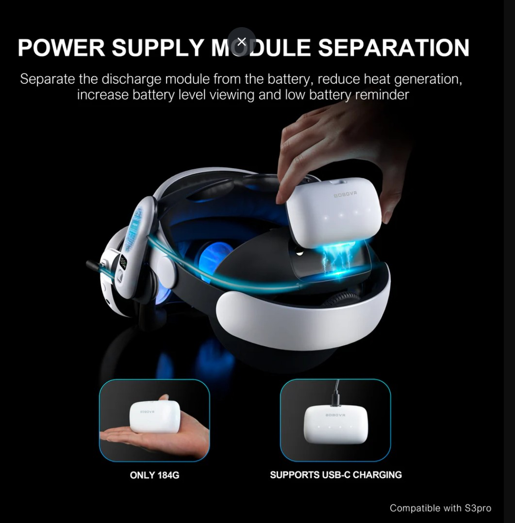 Modulo di alimentazione bianco si stacca da visore VR, mostra ricarica USB-C.