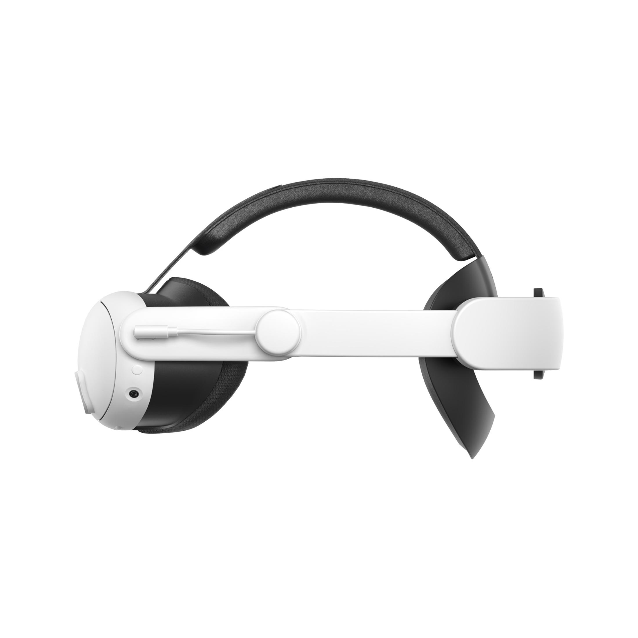 Visor de RV blanco con diadema y almohadillas negras, vista lateral.