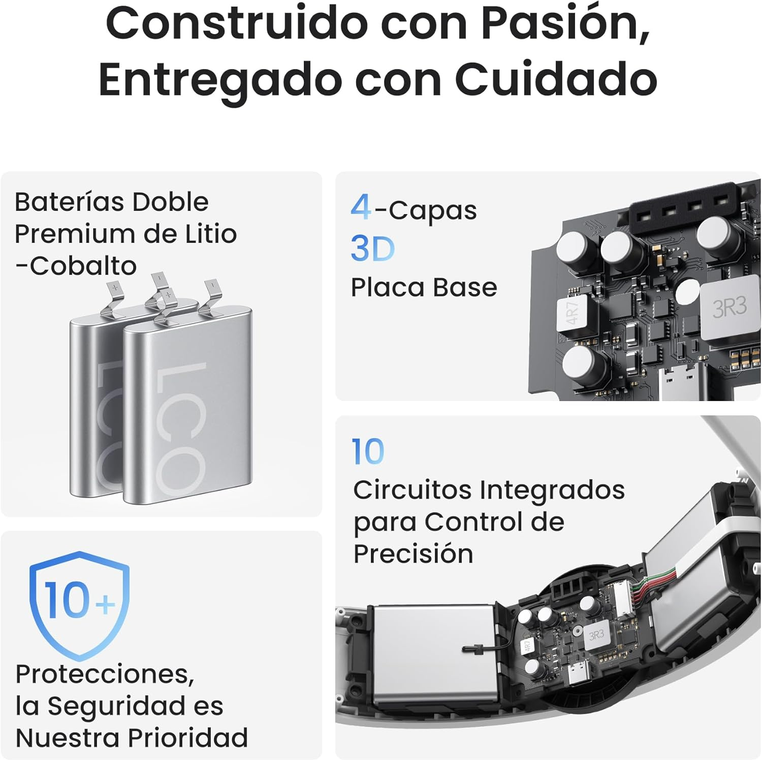 Dos baterías de litio cobalto plateadas, una placa de circuito y detalles.