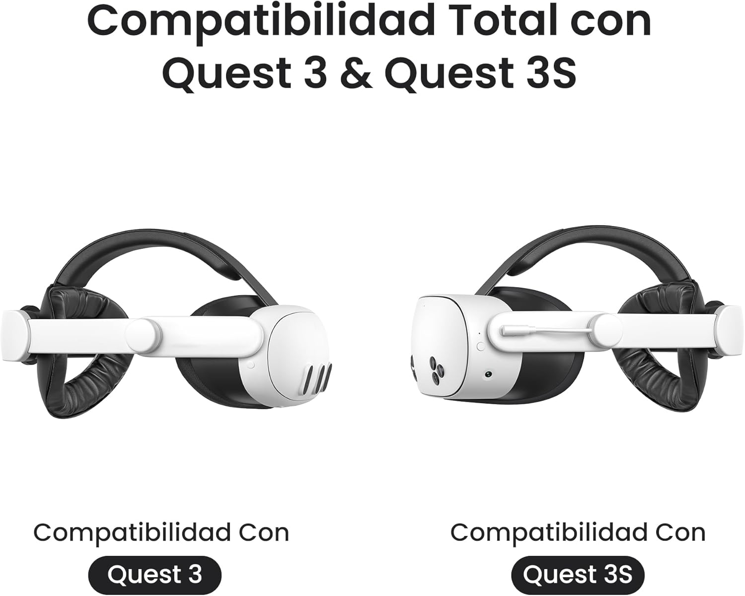 Dos cascos VR blancos lado a lado, compatibles con Quest 3 y 3S.