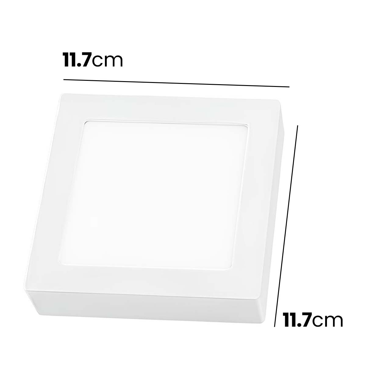 Panel blanco cuadrado con dimensiones marcadas de 11,7 cm.