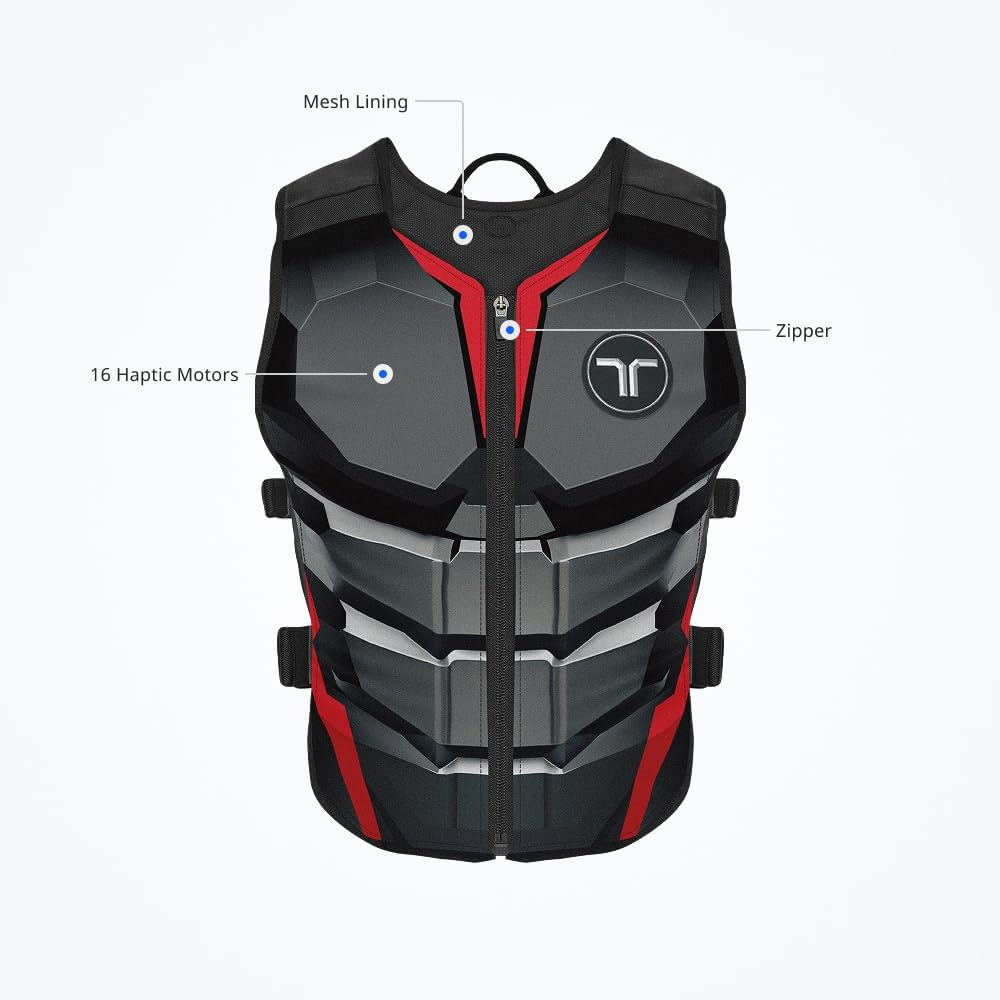 Chaleco tech negro con detalles rojos, cremallera y motores hápticos.