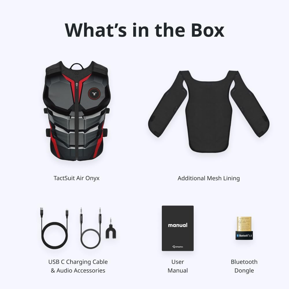 Contenido de la caja: traje táctico, forro de malla, cables, manual y dongle.