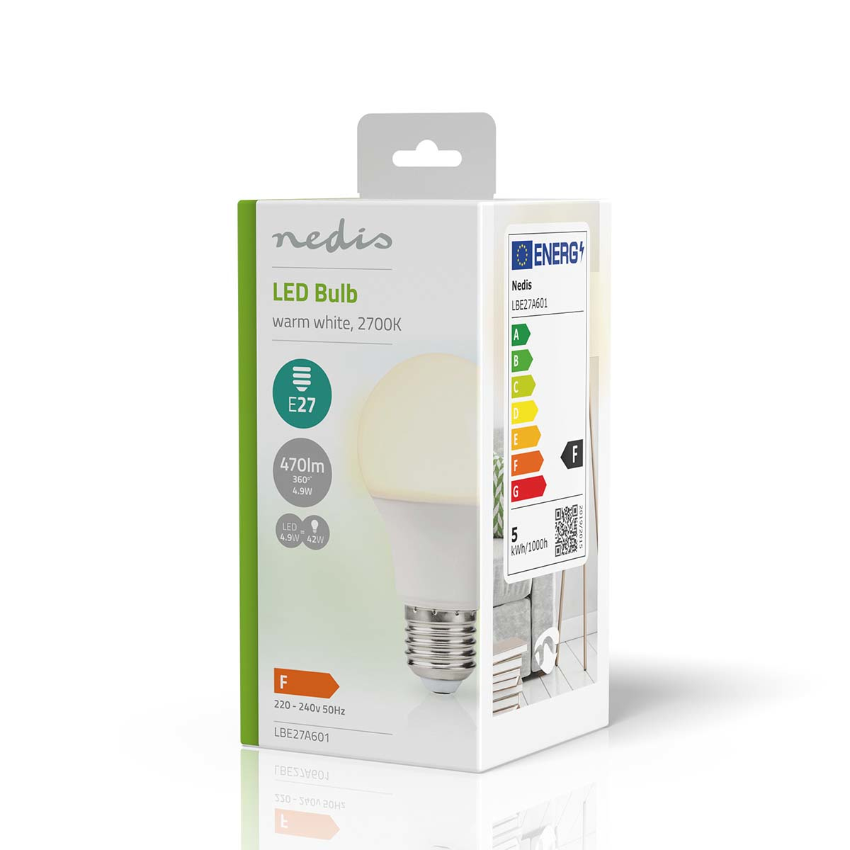 Lampadina LED Nedis, bianco caldo, 2700K, attacco E27, efficienza F.