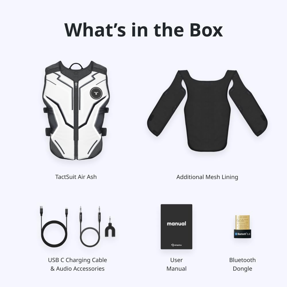 Contenido de la caja: Chaleco, forro de malla, cable, manual y dongle.