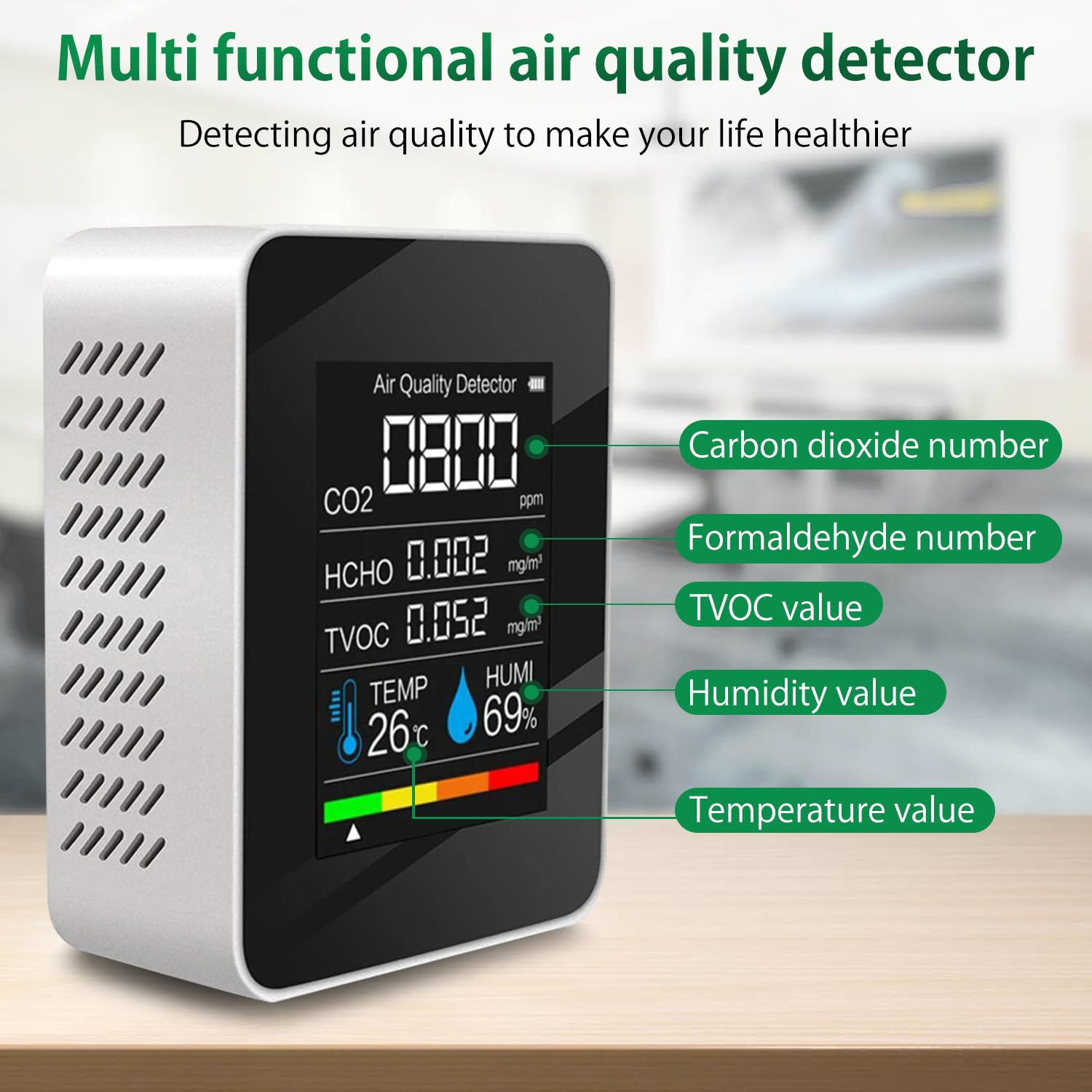 Ein multifunktionaler Luftqualitätsdetektor zeigt CO2, HCHO, TVOC, Temperatur und Luftfeuchtigkeit an.