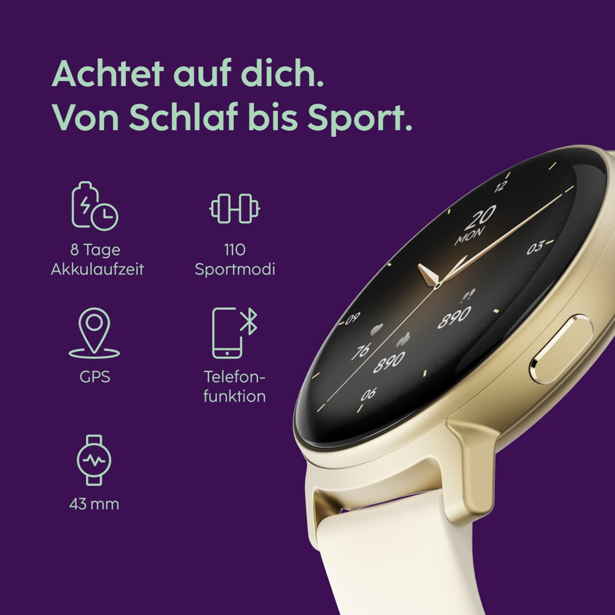 Goldene Smartwatch mit lila Hintergrund, zeigt Akku, GPS, Sportmodi, Telefonfunktionen.