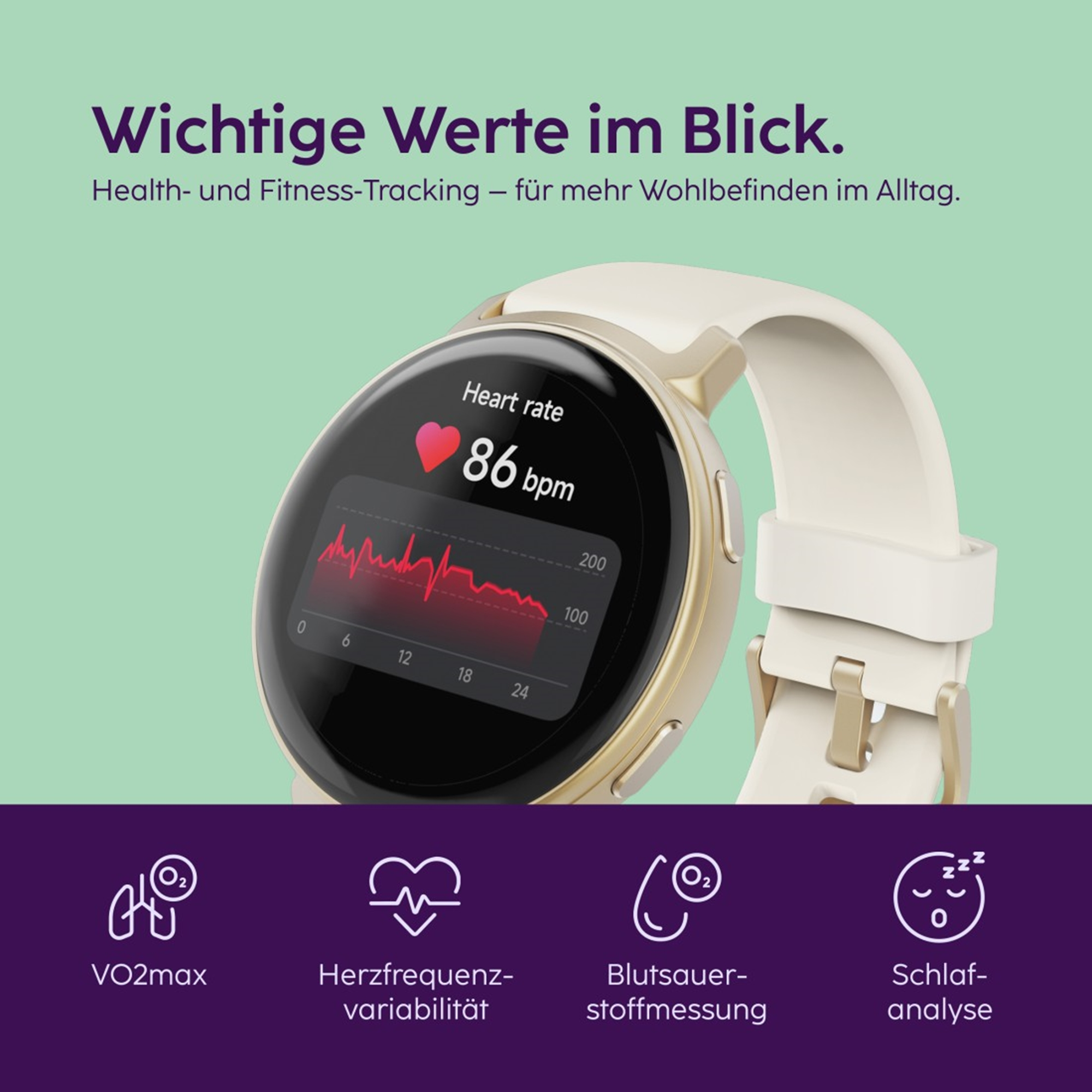 Eine goldene Smartwatch mit Herzfrequenz-Display. Darunter Icons für VO2max, Herzfrequenz, Blutsauerstoff und Schlaf.